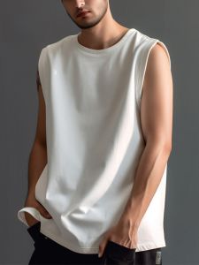Summer Fashion Hong Kong Style Sleeveless Vest Mens Pure Cotton Loose Fitness Basketball Tank Top round Neck Breathable Youth Trend