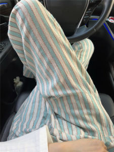 กางเกงนอนลายทางสำหรับฤดูร้อน กางเกงขายาวผ้าโพลีเอสเตอร์บางสำหรับใส่อยู่บ้าน กางเกงลำลองสำหรับเดินเล่นกลางแจ้ง สำหรับทั้งชายและหญิง