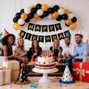Happy Birthday Banner Black and Gold Swallowtail Paper Bunting Gold Foil Letters 13 Piece Birthday Party Decorations