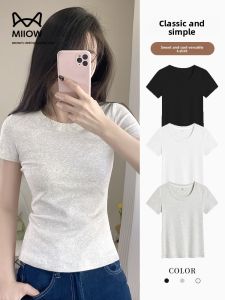miiow | Slim Fit Womens Round Neck Short Sleeve T-Shirt Versatile Base Layer Shirt Half Sleeve Top Summer New Style Cat Person MiiOW