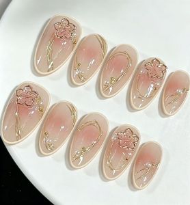 10 Pieces of Peach Blush Pink Gold Line Peach Blossom Press-On Nails Glossy Press-On Fake Nails Reusable Cute Adhesive Nails Womens Nail Art Supplies