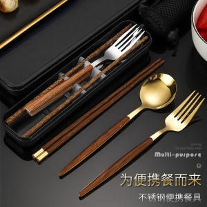 Wooden Chopsticks Spoon Kit Stainless Steel Portable Tableware Student Office Worker Portable Single Tableware