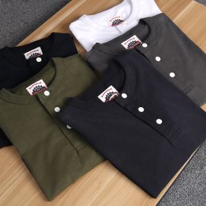 American Style Heavy Weight Retro Minimalist Pure Cotton Henry Collar Short-Sleeved T-shirt Mens Japanese Leisure Polo Shirt Half-Sleeve T-shirt