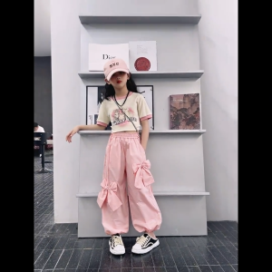 Sweetkids Girls Summer Suits Korean Style Printed Short Sleeves Bow-knot Wide-leg Cargo Pants Casual Set For 4-14Y