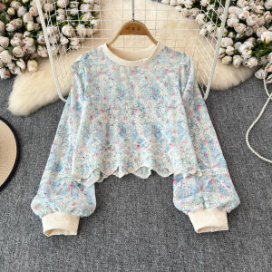 French Vintage round Neck Lace Splicing Long Sleeve Sweatshirt Womens Design Short Top Korean Style Loose Fit Embroidered Lantern Sleeve