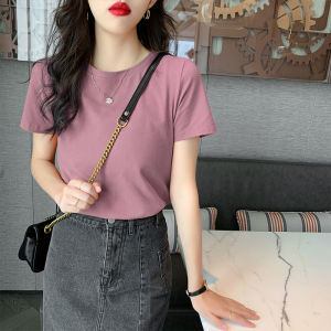 Chic Pure Color Hong Kong Style Short Sleeve Womens T-shirt Slim Fit Shoulder Length Summer New Arrival Versatile round Neck