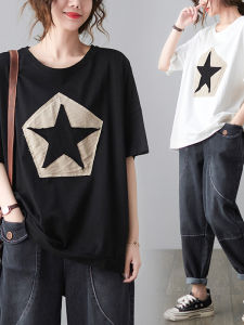 Loose Casual Short Sleeve T-Shirt Womens plus Size Summer Fashion Korean Style Cover Belly Top Young-looking Artistic Design