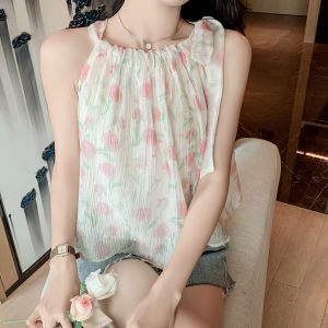 เสื้อเชิ้ตผ้าชีฟองลายดอกไม้สุดเก๋ไก๋สำหรับผู้หญิง เสื้อแขนกุดคอวี ป้องกันแสงแดด สไตล์ฝรั่งเศส หวานๆ สง่างาม เสื้อผ้ากันแดดสำหรับฤดูร้อน