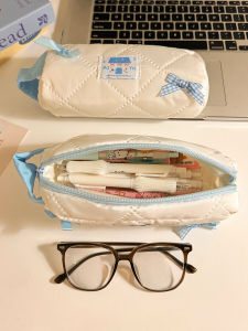 High Capacity Butterfly Knot Pencil Case Cute Japanese Style Student Girls Stationery Storage Box Candy Color Cotton Fabric