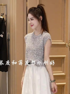 Áo Ba Lỗ Không Tay Mùa Hè ZYI Summer French Style Sequin Design Áo Thun Nữ Thanh Lịch T-shirt Phong Cách Thường Ngày Cho Nữ