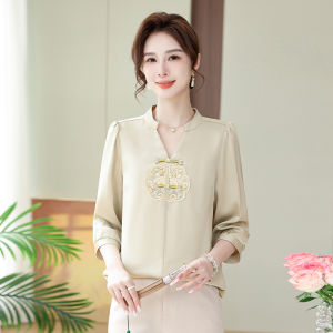 Fashionable Young Mom Summer Outfit New Chinese Style National Trend Chiffon Top V-neck Seven-quarter Sleeve T-shirt Set