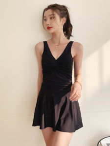 Plus Size One-Piece Swimsuit for Women | Chubby Black V-Neck Padded Swimwear with Skirt for Beach