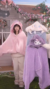 Adult Kid Kawaii Kuromi Hooded Blanket Air Conditioning Blanket Soft Warm Shawl Flannel Cloak Gift