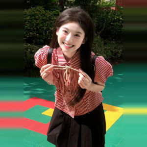 GUANSHU | French Design Plaid Red Short Sleeve Shirt Women Autumn Fitted