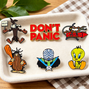 Bandai | Retro Cartoon Character Enamel Pins Funny Vintage Style Lapel Brooches with "Dont Panic" Sign Collectible Badges for Backpack