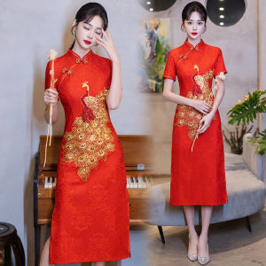 Red Phoenix Flag Dress Vintage Ethnic Style Midi Dress for Wedding Toasting Womens Clothing Commute Style Polyester Fiber