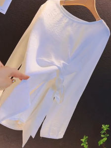 UYFY | เสื้อยืดคอกลมแขนยาวผูกโบว์สีขาวสำหรับผู้หญิง แฟชั่นลำลองฤดูใบไม้ร่วง ไซส์ใหญ่ เสื้อผ้าทำงานสไตล์ยุโรปและอเมริกัน