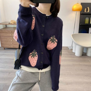 เสื้อคาร์ดิแกนถักคอตั้งทรงหลวมสำหรับผู้หญิง ฤดูใบไม้ร่วง 2023 เสื้อคลุมคาร์ดิแกนถักคอตั้งลายดอกเดซี่สีชมพู แขนยาว ปกติ