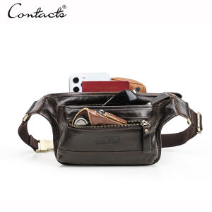 CONTACTS Genuine Leather Men Waist Pack Casual Male Fanny Pack Waist Bag Banana Pouch Cell Phone Travel Crossbody Chest Bags