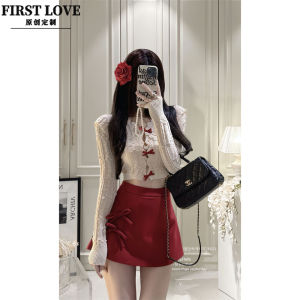 Spicy Girl Style Knitted Open Cardigan Short Long Sleeve Hollow out Hook Flower Pure Desire Red Wrap Body Skirt Pants Set