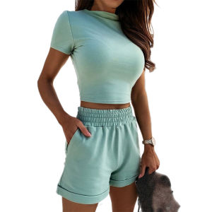 High Waist Short Sleeve Casual Shorts Set Womens Fashion Summer Outfit Two-Piece Polyester round Neck Pullover Ensemble