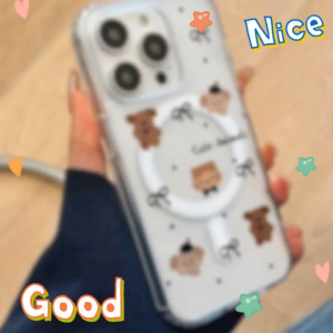 ซองแม่เหล็กใสลายการ์ตูนสัตว์น่ารักโบว์ดำสำหรับ iPhone 11 12 13 14 15 16 17 Pro Max 8 PlusX XR XSmax 16E ซองแข็งแม่เหล็กอะคริลิกสำหรับ iPhone17