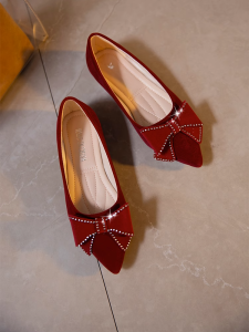 Comfortable Flat Heel Womens Shoes Spring Autumn New Style Pregancy Shoes Red Wedding Shoes Korean Style Butterfly Knot Pearl Diamond Embellished