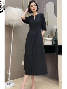 Elegant Summer Long Dress Slimming Large Size Loose Fashionable Mrs Lin V Neck a Line Skirt Short Sleeve Age Defying