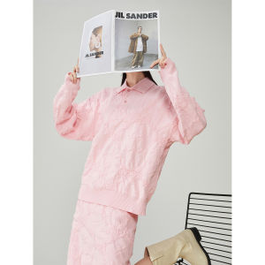 XIAODADEHUA | Pink Lapel Embossed Loose Spring New Sporty Style Sweater and Skirt Suit