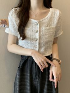 เรียบหรู ฝรั่งเศส ดีไซน์ แขนสั้น คาร์ดิเกน ผู้หญิง ทันสมัย ขนาดเล็ก เลดี้ ฤดูร้อน ผ้าไหม เสื้อ อินเทรนด์ เสื้อแจ๊กเก็ตคอกลมติดกระดุม