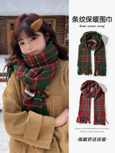 Green Plaid Scarf Womens Winter Fashion Korean Style Warmth Neck Warmer Christmas New Years Day Tassel Edged Polyester Fiber