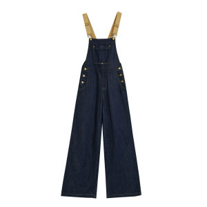 Deep Blue Denim Overalls Womens High Waist Slim Straight Loose Wide Leg Floor Length Pants Autumn New Style Casual Fashion
