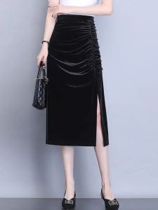 Gold Velvet Asymmetrical High Waist A-Line Skirt Womens plus Size Drawstring Wrap Mid-Length Casual Style Half-length Skirt