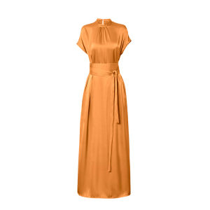 Elegant Womens Long Dress Summer 2024 Belted Waist Slimming Acetate Satin A-Line Skirt Korean Style High Collar Short Sleeve