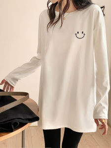 Spring 2025 Womens Long Sleeve Fleece Lined Loose T-Shirt Inner Wear mid Length Base Shirt Butt Covering Korean Style Commute