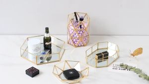Nampan Kaca Baki Tempat Perhiasan Gold Bowl Glass Prism Jewelry Tray Storage Desk Organizer