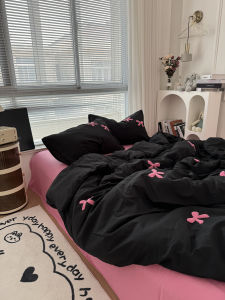 Sweet Cool Girl Heart Pink Bow Tie Washed Cotton Towel Set Black Coverlet Dormitory Three Piece Set Bedding Quilt Cover Pillowcase