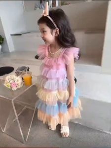 ชุดเด็กผู้หญิง การออกแบบสีรุ้งอินเทรนด์ เดรสเด็กผู้หญิง เดรสเจ้าหญิงฟรุ้งฟริ้ง