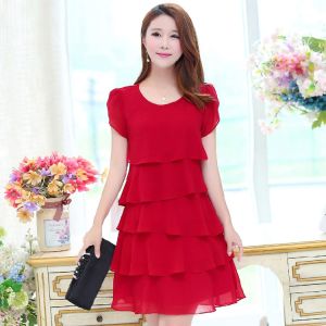 Cake Dress Dress Summer Loose A- line Version Plus Size Ladies Slim Fit Skirt Belly-Covering Dress Dress Slimming Short-Sleeved Midiskirt