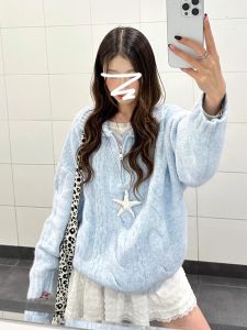 เสื้อสเวตเตอร์คอปกพับสีน้ำเงินสำหรับผู้หญิง ฤดูใบไม้ร่วง/ฤดูหนาว แฟชั่นเสื้อสเวตเตอร์ถักแบบลำลองสไตล์เกาหลี แขนยาว ปกโปโล