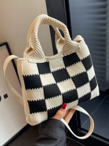 Fashionable Knitted Plaid Handbag Womens Crossbody Bag Small Square Bag Magnetic Buckle Closure Soft Fabric Casual Purse