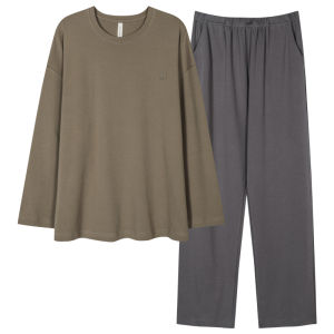 Miiow | Mens Pure Cotton Sleepwear Long Sleeve Round Neck Pullover Set Casual Home Clothes Spring Autumn Wearable Comfortable Breathable