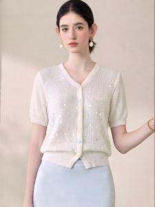 Roey s house | V-neck White Lightweight Knitted Summer Shirt Sparkling Slim Fit Short Sleeve Blouse