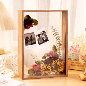 Clear Double-sided Shadow Box Frame DIY Flower Crafts Tickets and Photos Display Desktop Wooden Frame