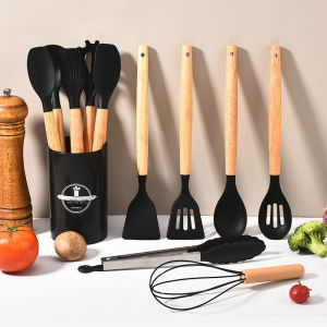 12Pcs Silicone Cooking Utensils Set Wooden Handle Kitchen Cooking Tool Non-stick Cookware Spatula Shovel Egg Kitchenware Beaters