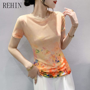REHIN Summer Fashion Mesh Printed Floral Round Neck Slim Fit Short Sleeve T-shirt Elegant Round Elegant Womens Blouse