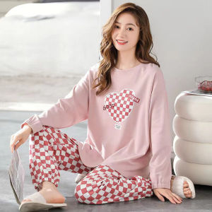 Pajamas Women Long Sleeve Long Pants Set Loose Plaid Student Pajamas Can Be Worn out Household Clothing Plaid Long Pants Blue Tw