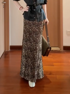 MANMI | Elegant French Leopard Print Bodycon Maxi Skirt Slim High Waist