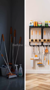 SJorage Mop Broom Holder Rack with Hook Wall Mounted Broom Organizer Grip Clips for Laundry Garage Utility Room