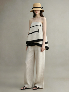 GULILI | Vintage Retro Print Strapless Wide Leg Pants Linen Set